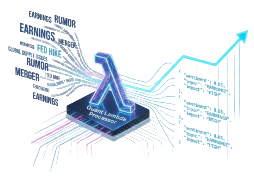 News articles flow into the Quant Lambda engine and emerge as a structured trend signal